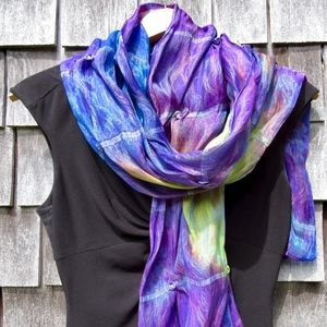 Blue, Purple, Green Silk Scarf with pearl accent